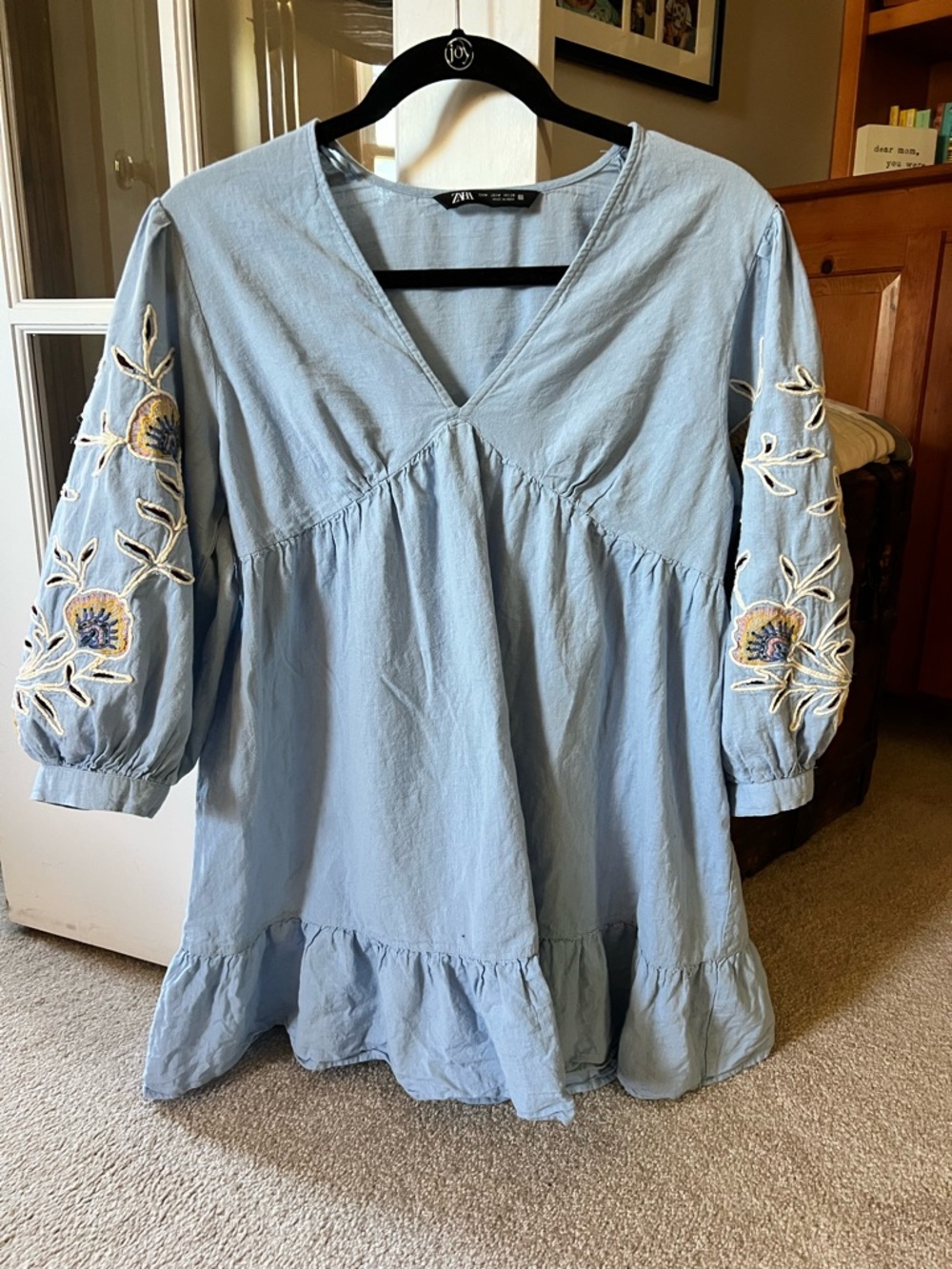 Zara Light Blue Embroidered V-Neck Peasant mini dress